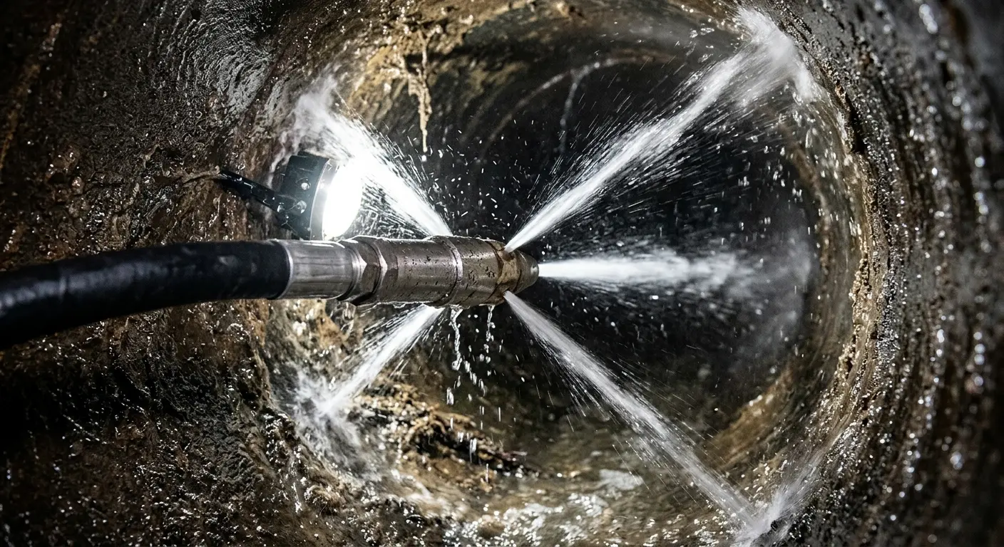 High-pressure hydro jetting nozzle cleaning sewer pipe for Sewer Cleanout in South Park