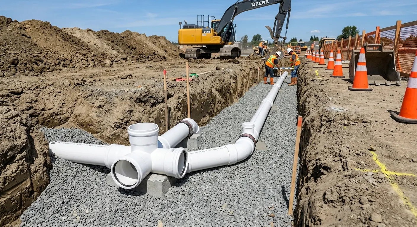 New PVC sewer pipe installation in open trench for Sewer Backup in South Park