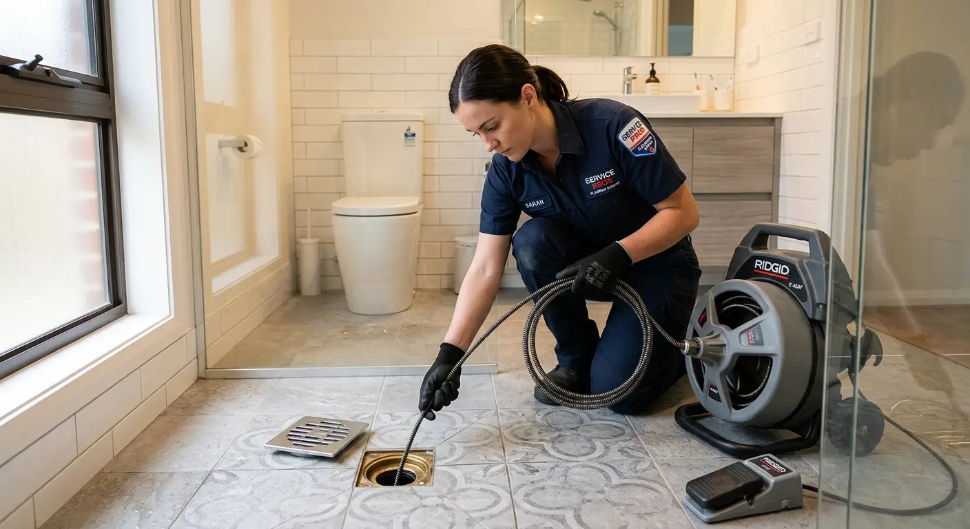 Technician clearing a bathroom floor drain for Drain Cleaning in South Park